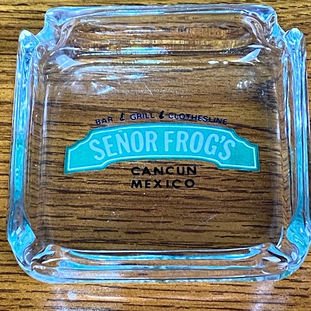 Vintage Senor Frogs Cancun Mexico Clear Glass Ashtray Bar Grill Clothesline